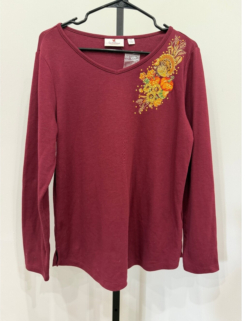 Quacker Factory Burgundy Long Sleeve V-Neck Top Autumn Thanksgiving Size M